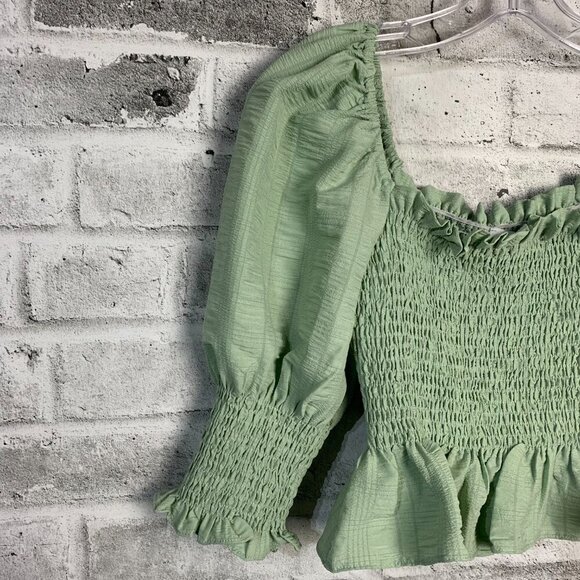 En Saison Crop Top Mint Smocked Puff Sleeve Square Neck Peasant Boho Blouse - Picture 5 of 12